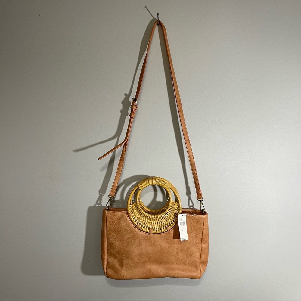 Anthropologie Vegan Leather Tan Rattan handbag cossbody bag circle/loop handle